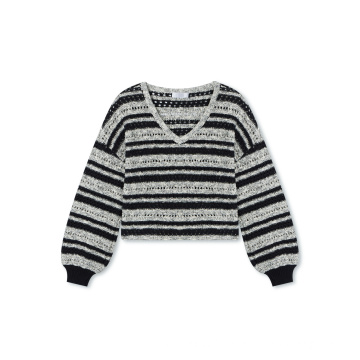 Fashion girls knitted sweater striped distressed crop sweater pullover  knitwear sweater